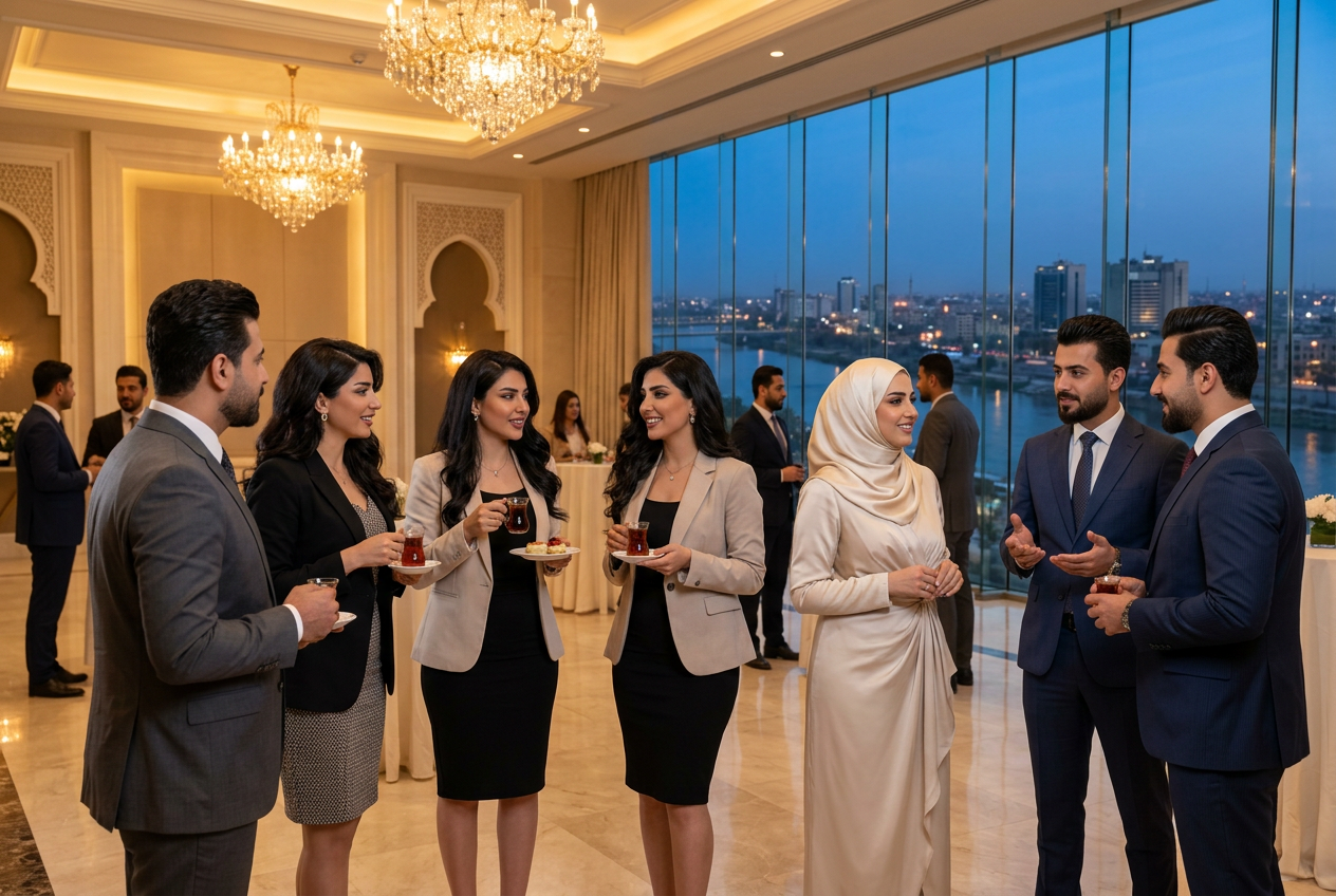 Iraqi businessmen and businesswomen networking at an elegant event in Baghdad